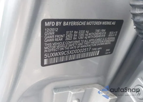 2013 BMW X3 xDrive28I z USA, uszkodzony, nr VIN 5UXWX9C5XD0D02517